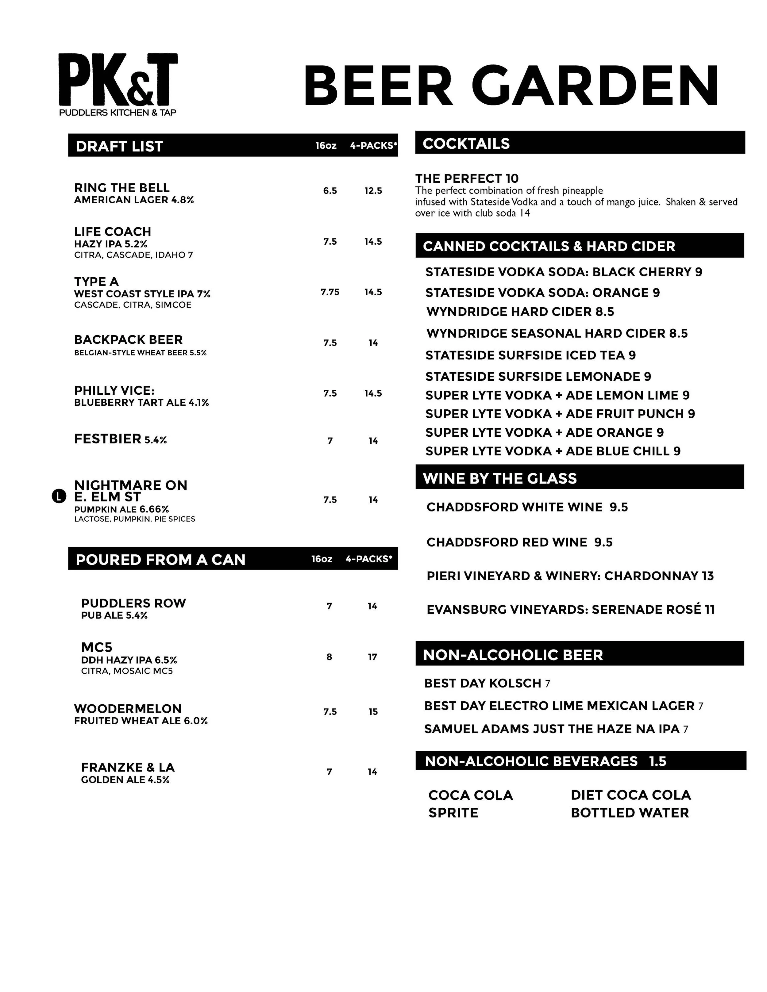 PK&T Beer Garden Menu — Conshohocken Brewing Company